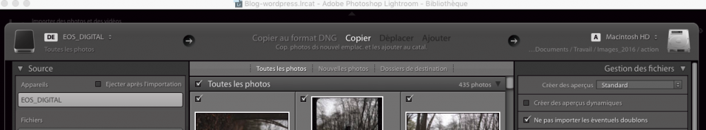 vue du module d'import de lightroom